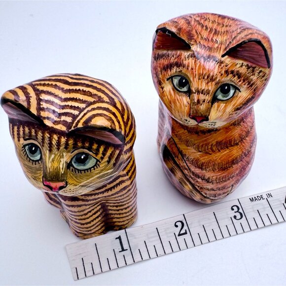 Hand-Painted Ceramic Striped Cat Figurines Set Of 2 Handmade In Kashmir Gift - Picture 4 of 14